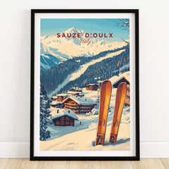 Sauze d'Oulx Ski Print featuring scenic snowy slopes and ski equipment in a picturesque Italian mountain setting.
