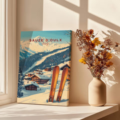 Sauze d'Oulx Ski Print featuring beautiful ski slopes and vintage skis in a cozy winter setting.