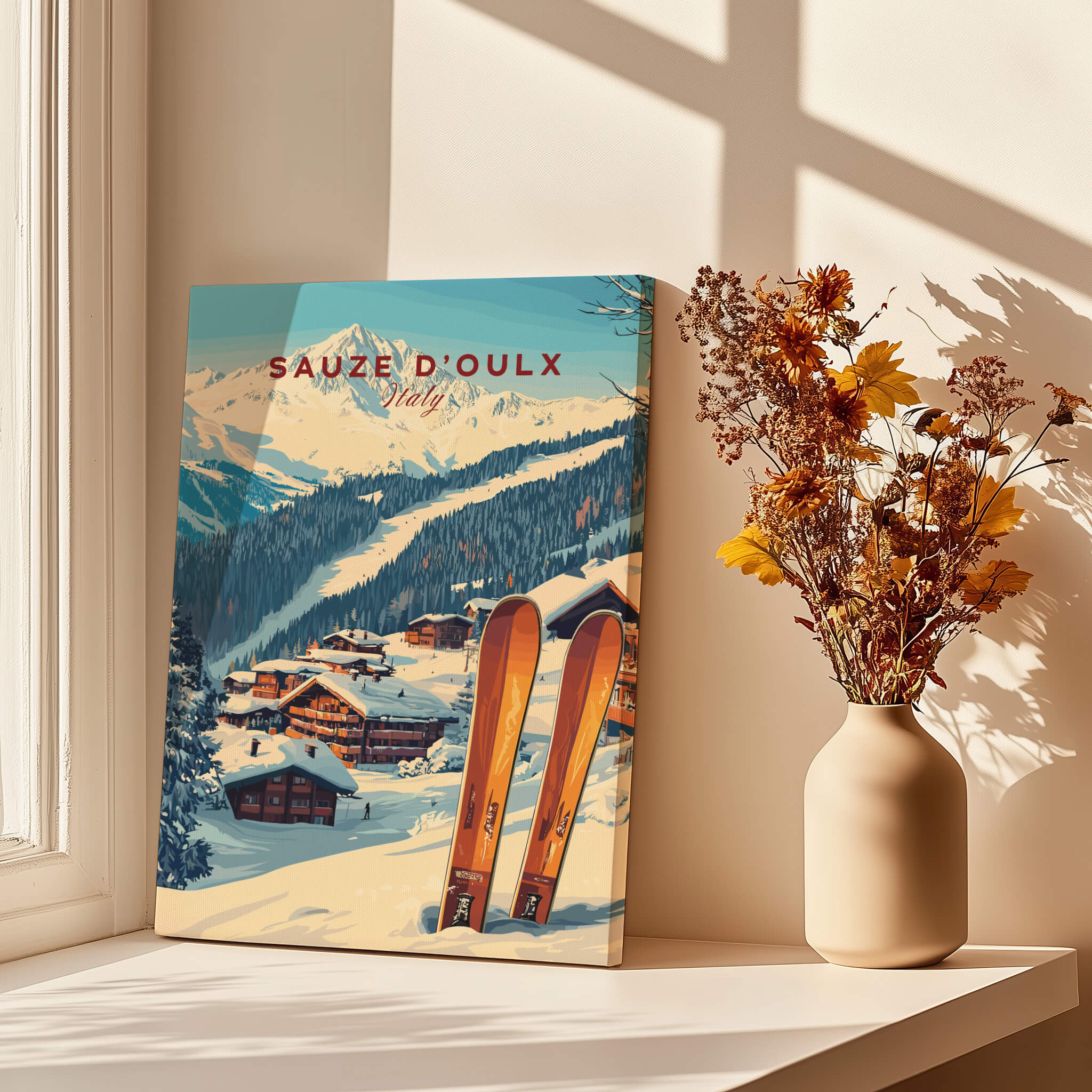 Sauze d'Oulx Ski Print featuring beautiful ski slopes and vintage skis in a cozy winter setting.