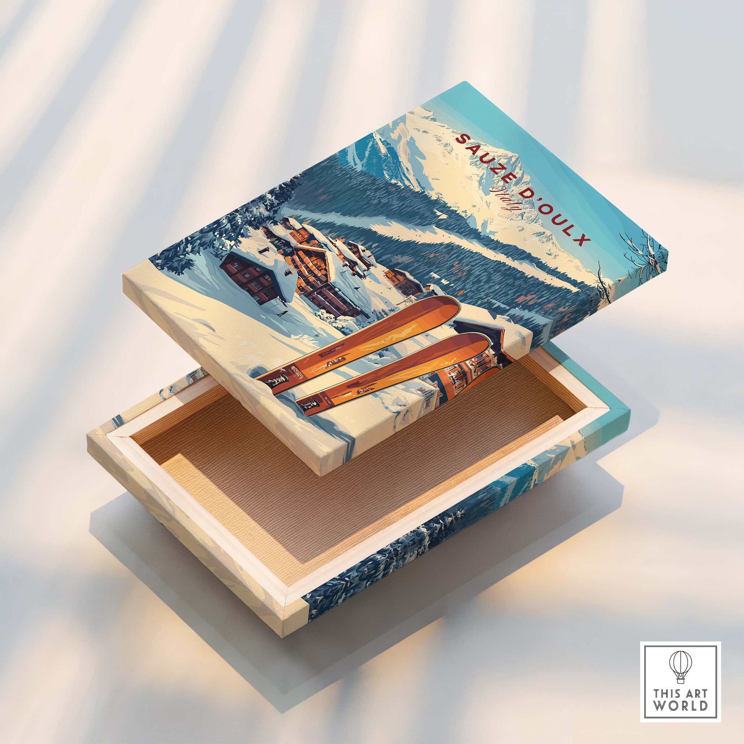 Sauze d'Oulx Ski Print featuring a beautifully designed ski-themed wooden box.