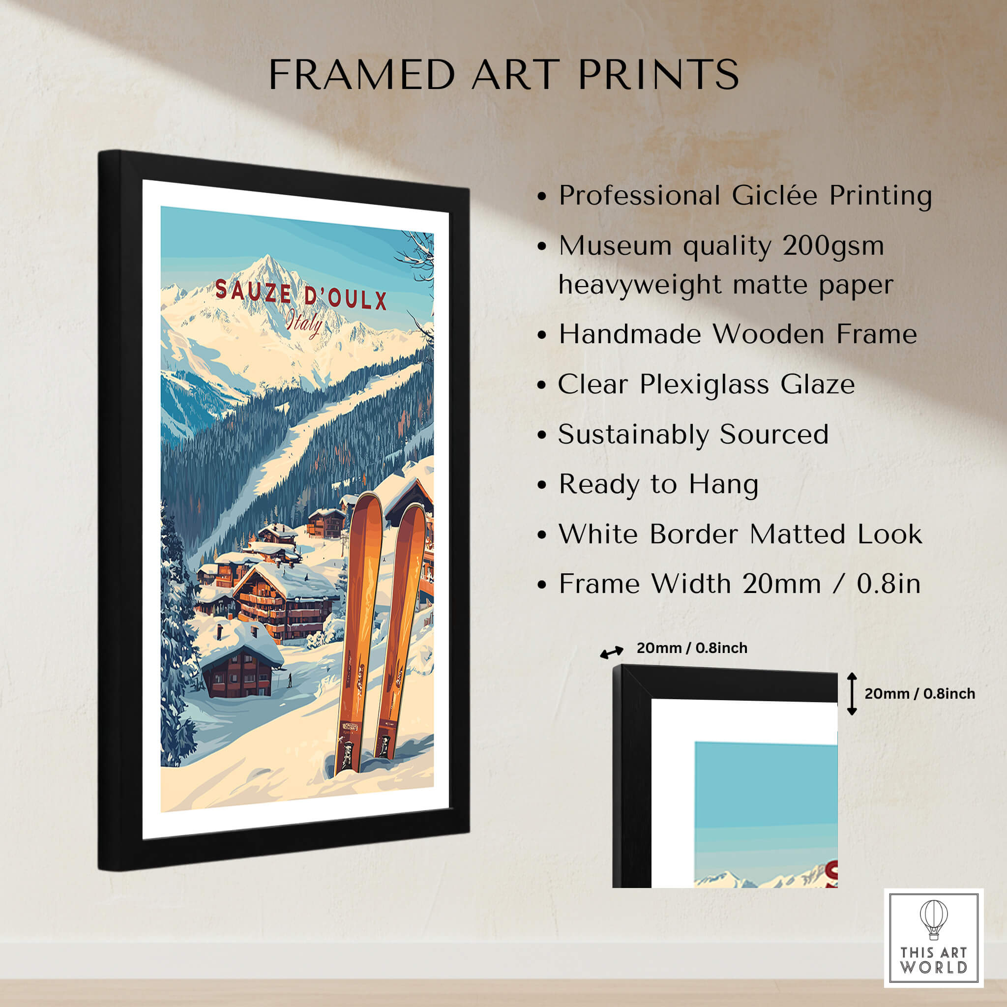 Sauze d'Oulx Ski Print framed art featuring ski slopes and mountains scenery, ready to hang, high-quality print.