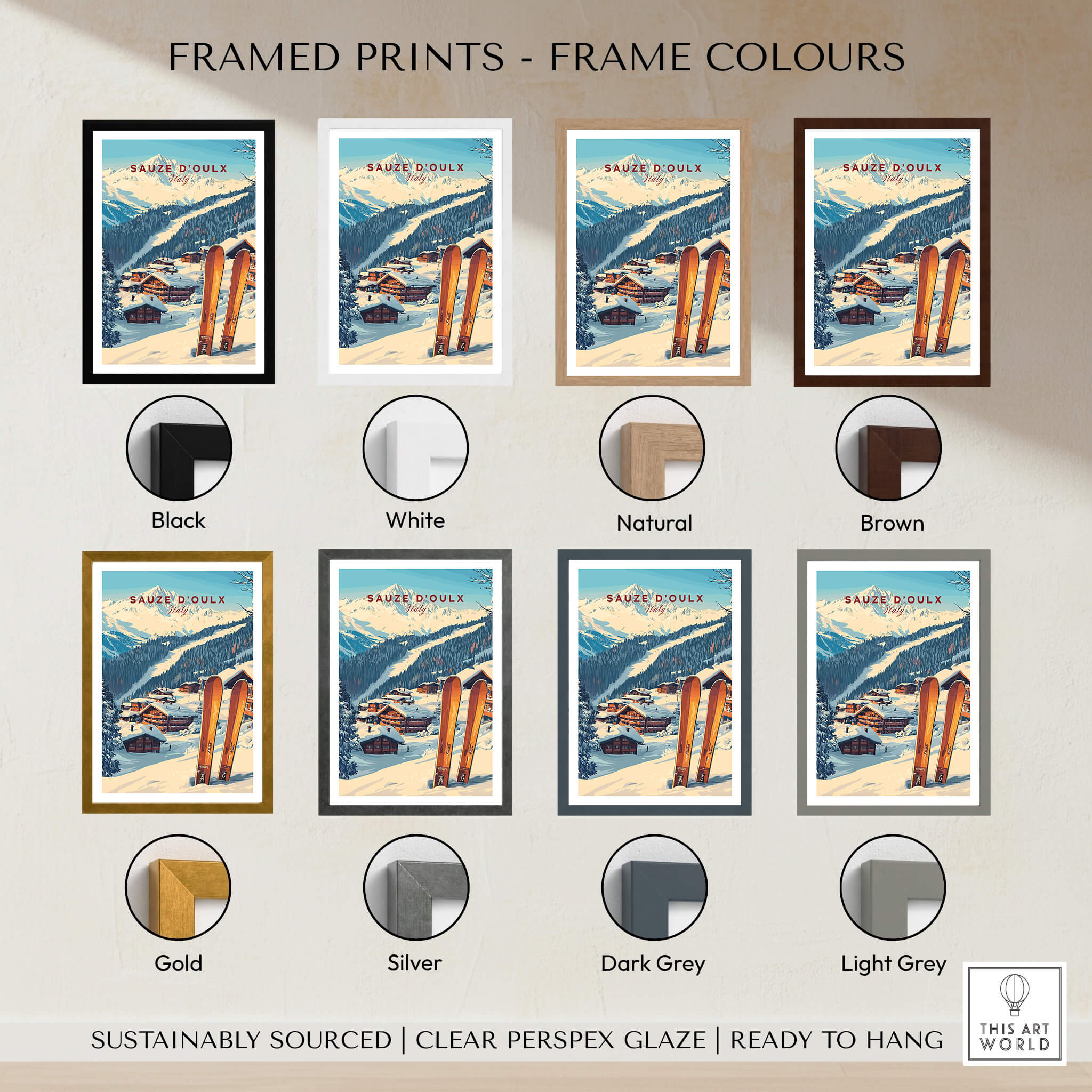 Sauze d'Oulx Ski Print framed print options in various colors including black, white, natural, and brown.