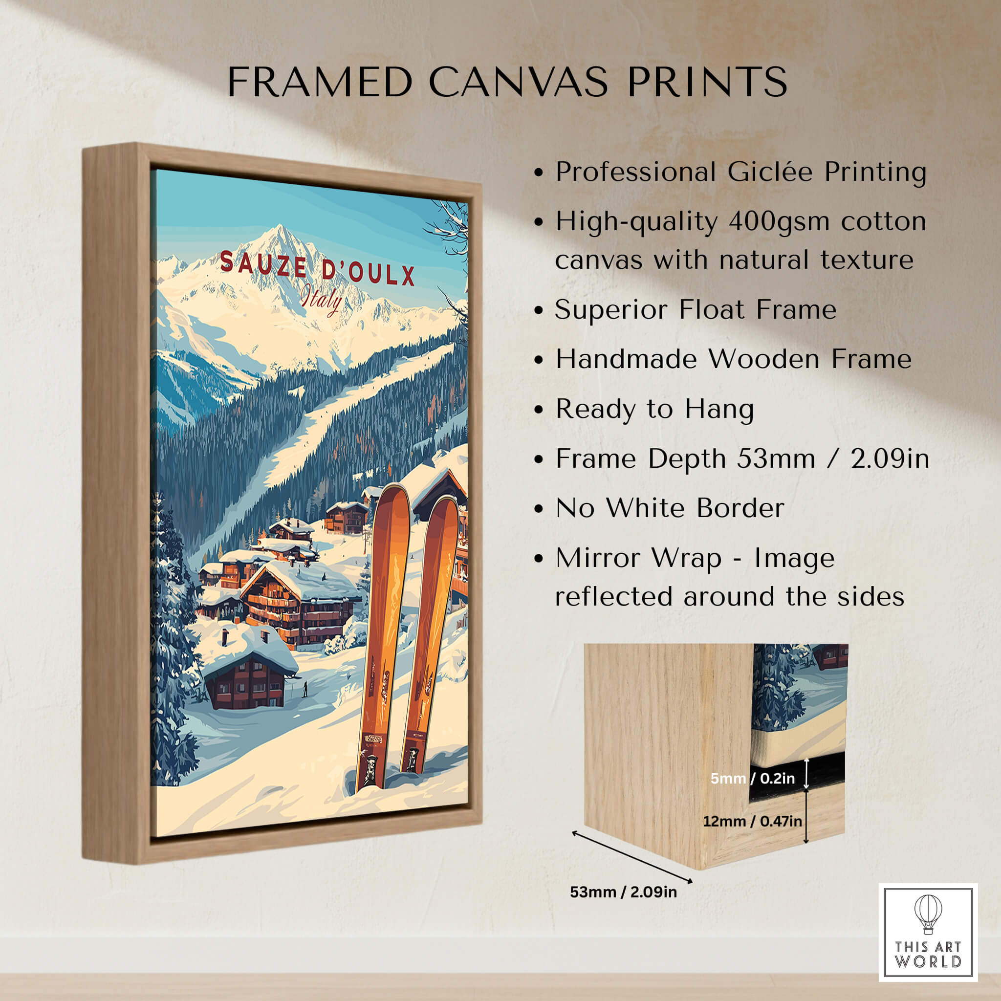 Sauze d'Oulx Ski Print framed canvas print showcasing stunning ski resort scenery.