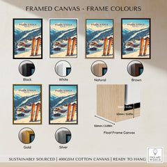 Sauze d'Oulx Ski Print framed canvas options displayed in various frame colors including black, white, natural, brown, gold, and silver.