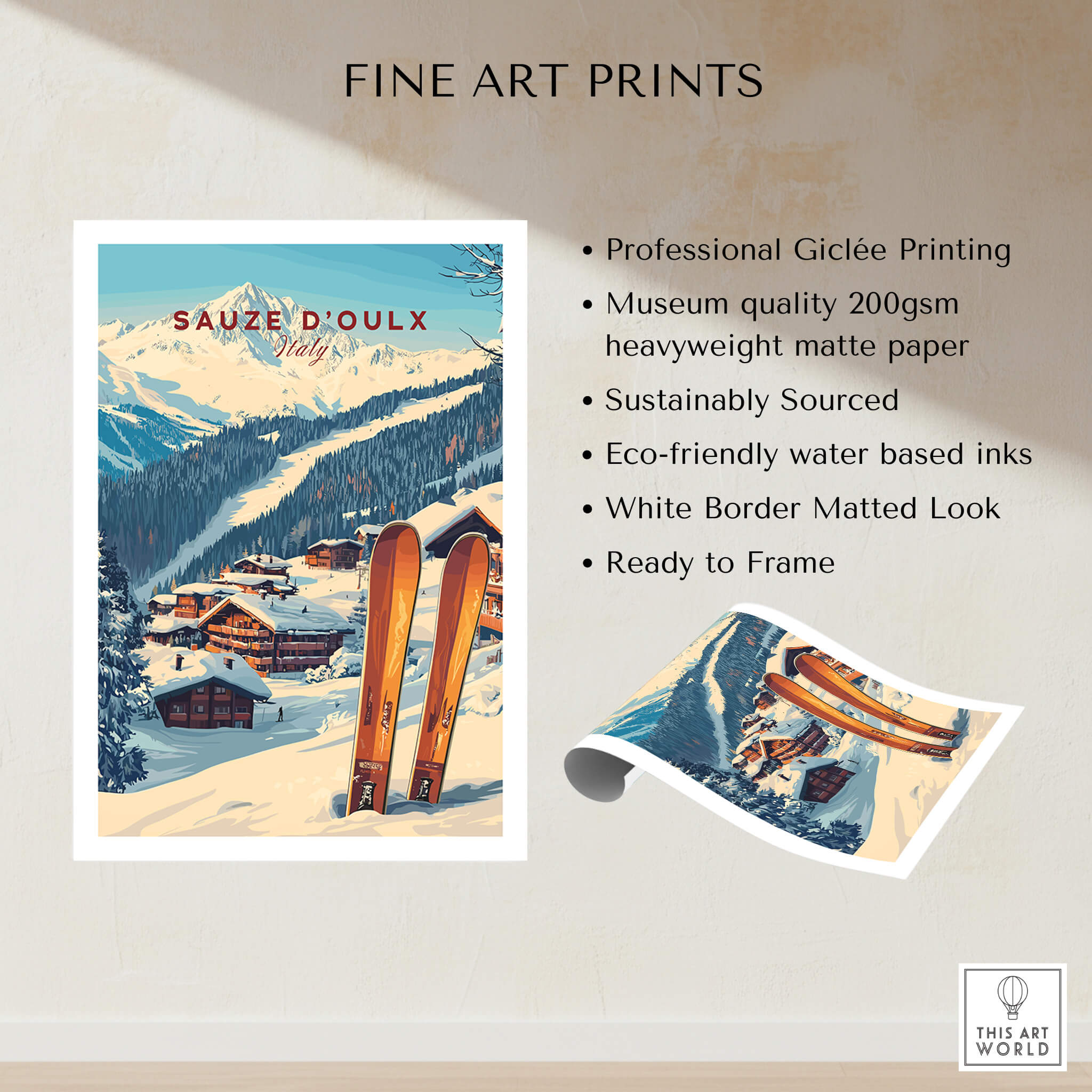 Sauze d'Oulx Ski Print showcasing stunning ski resort scenery with vintage skis and eco-friendly printing details.
