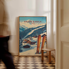 Sauze d'Oulx Ski Print showcasing winter scenery and ski gear in a stylish interior setting.