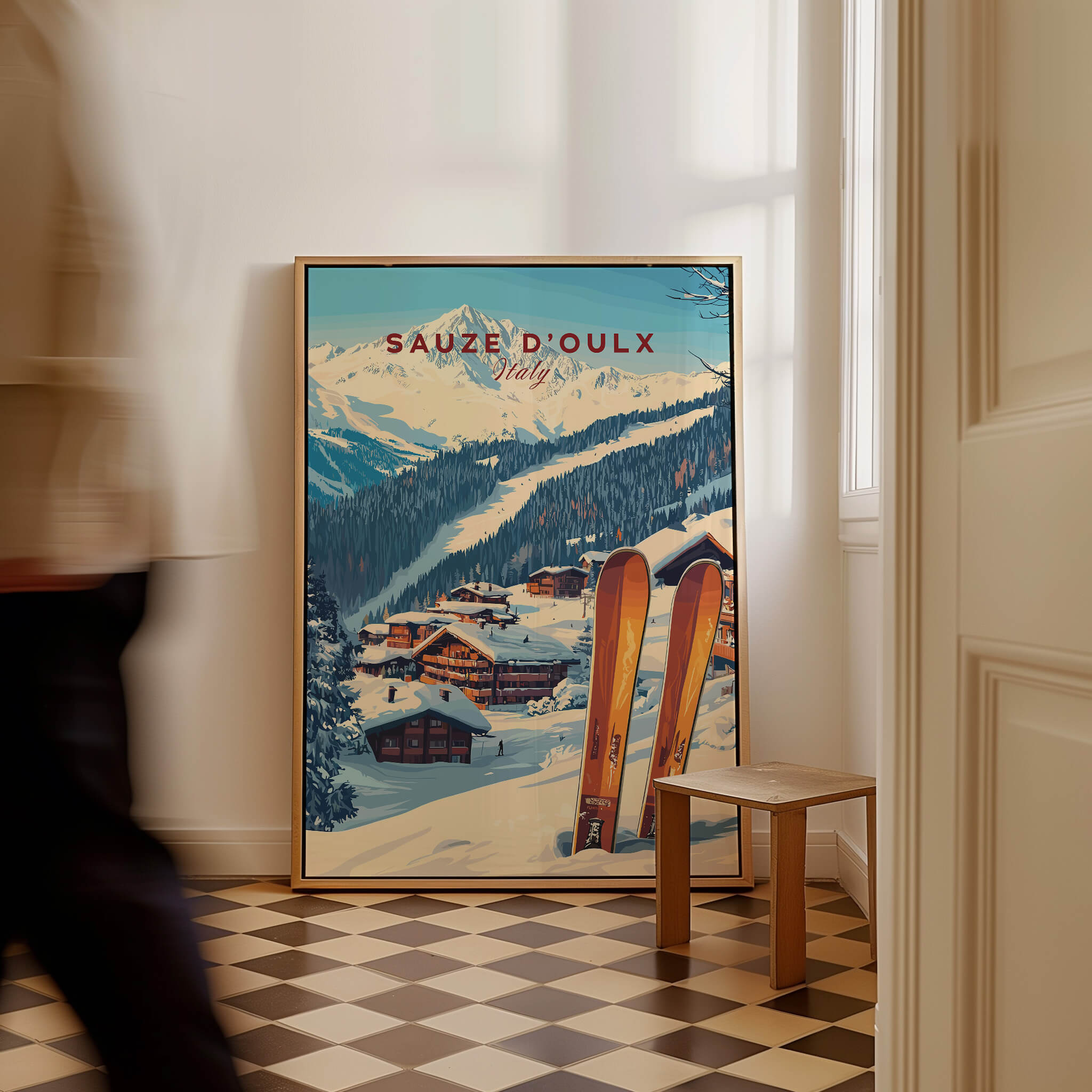 Sauze d'Oulx Ski Print showcasing winter scenery and ski gear in a stylish interior setting.