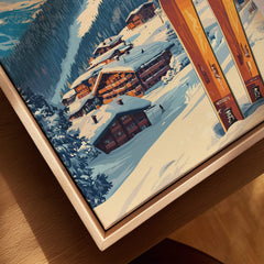 Sauze d'Oulx Ski Print showcasing stunning snowy ski resort scenery and vibrant ski equipment.