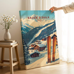 Sauze d'Oulx Ski Print featuring stunning winter scenery and ski equipment in a cozy indoor setting.