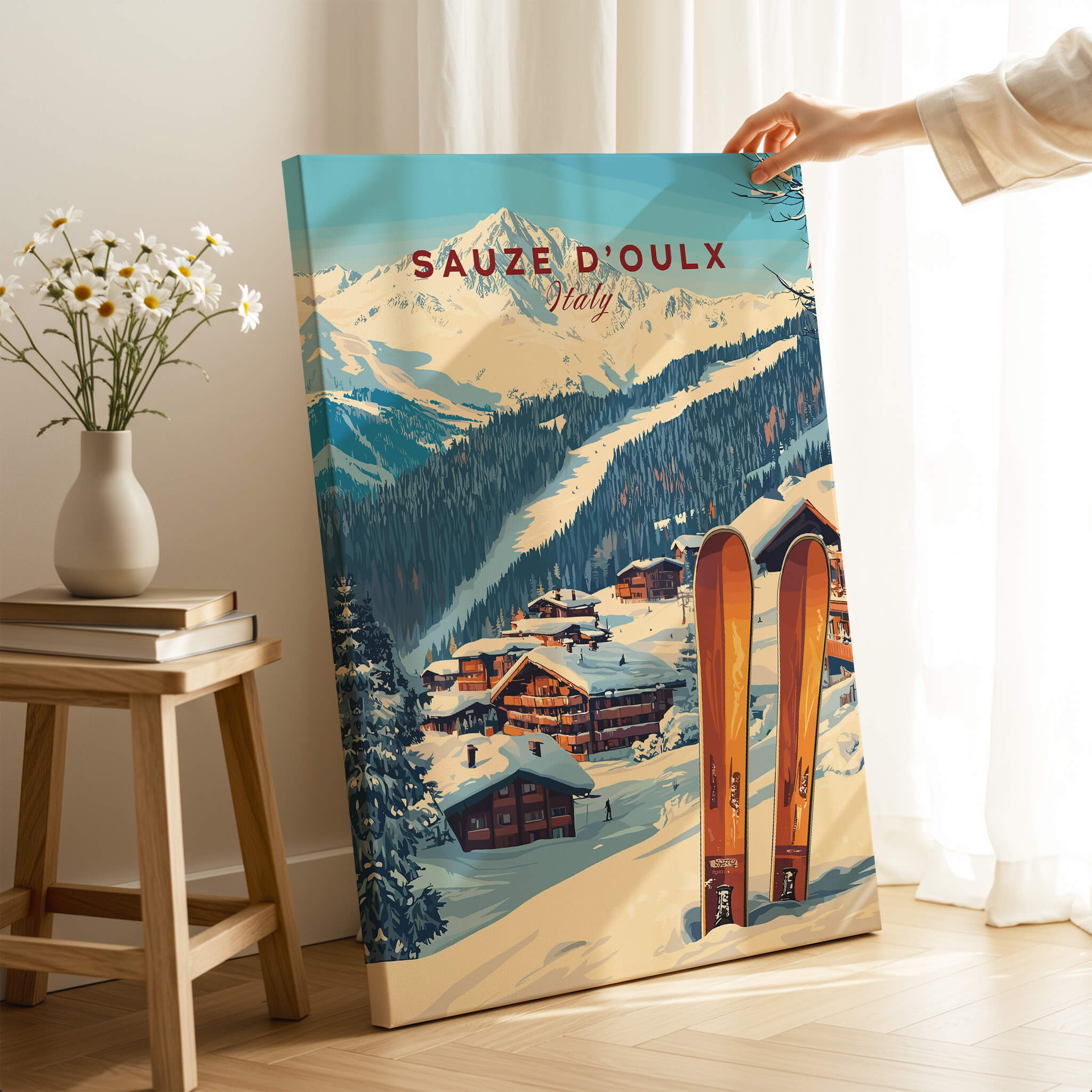 Sauze d'Oulx Ski Print featuring stunning winter scenery and ski equipment in a cozy indoor setting.