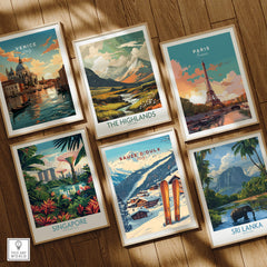 Collection of travel art prints including Sauze d'Oulx Ski Print showcasing winter and skiing scenery.