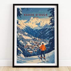 Sauze d'Oulx Ski Wall Art showcasing a skier overlooking the stunning Alps and village in Sauze d'Oulx, Italy.