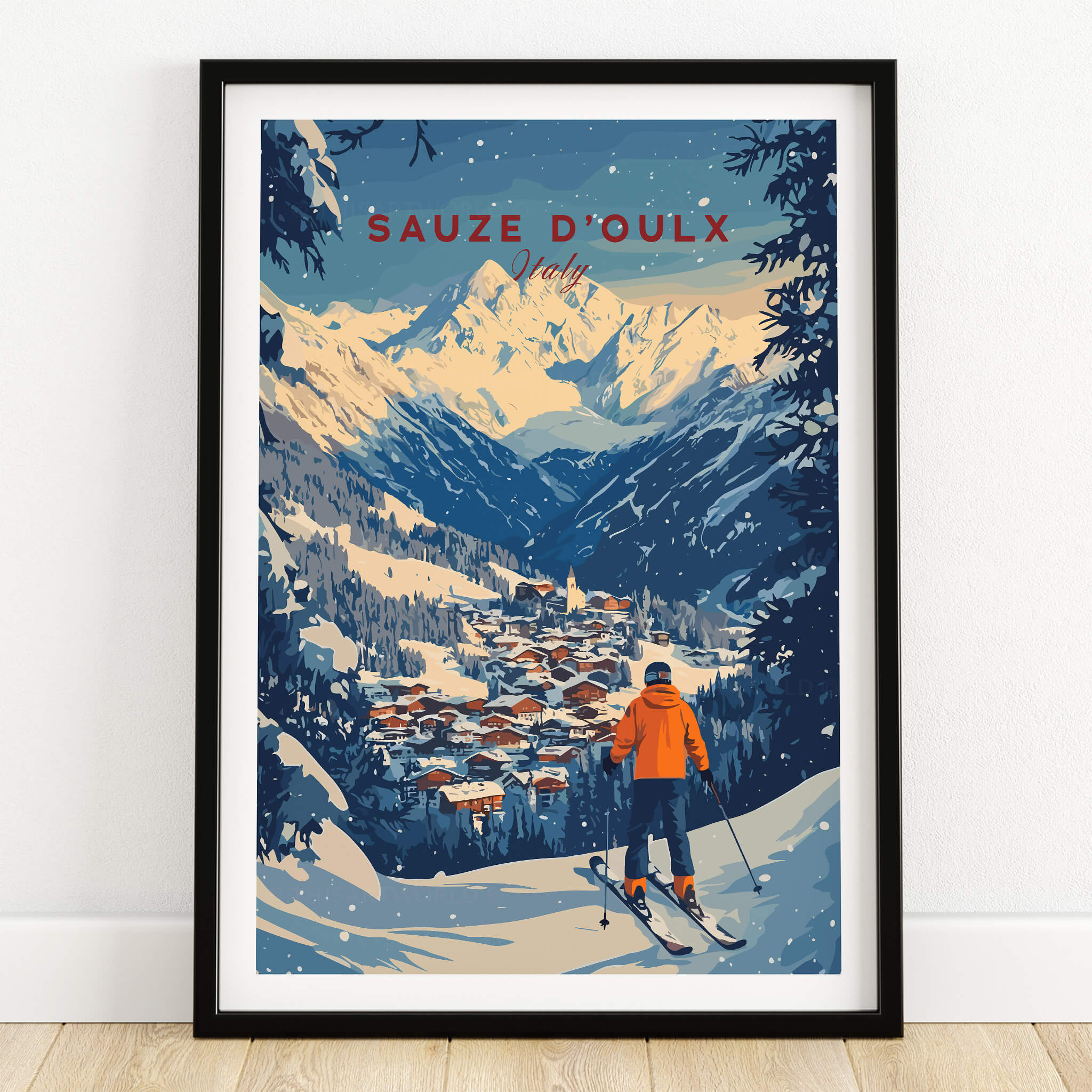 Sauze d'Oulx Ski Wall Art showcasing a skier overlooking the stunning Alps and village in Sauze d'Oulx, Italy.