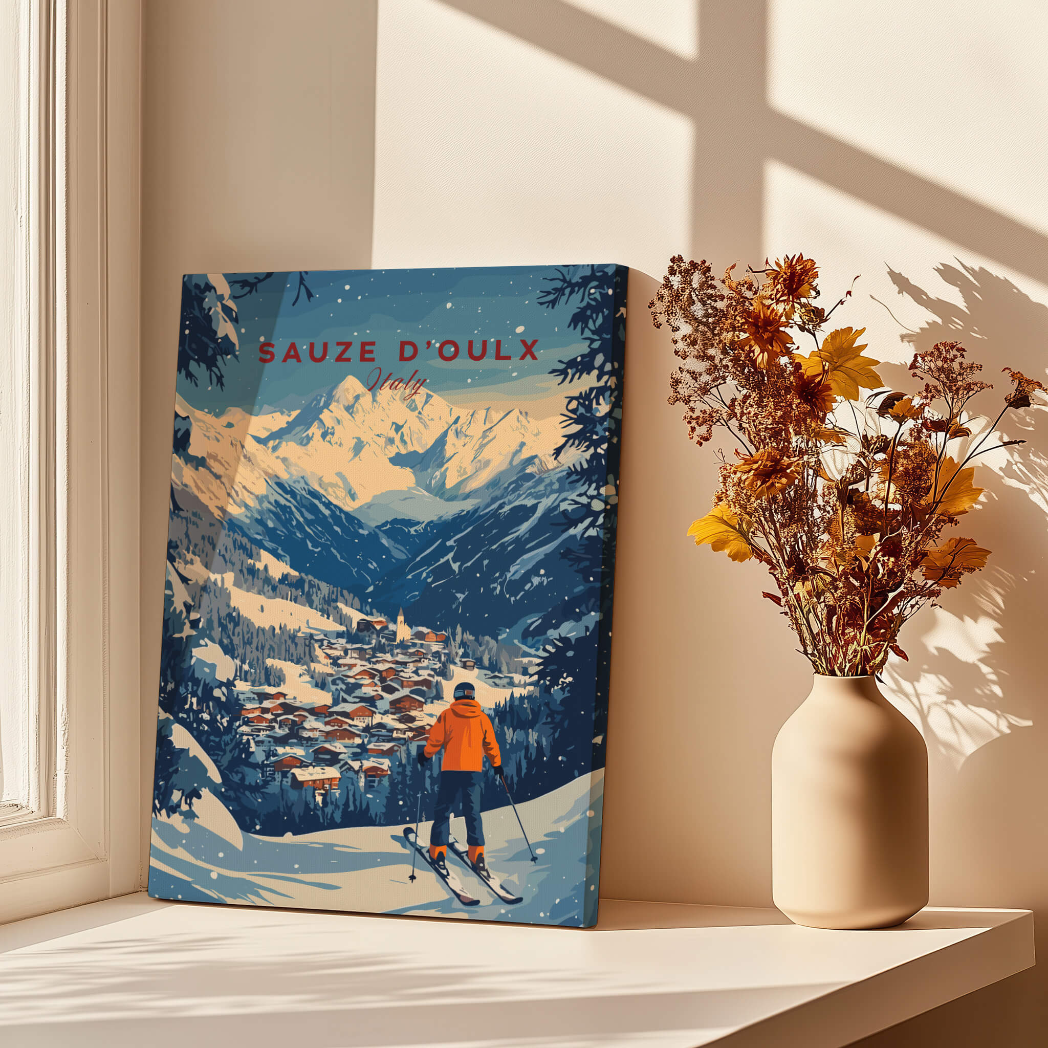 Sauze d'Oulx Ski Wall Art featuring a skier overlooking the scenic mountains and village in Sauze d'Oulx.