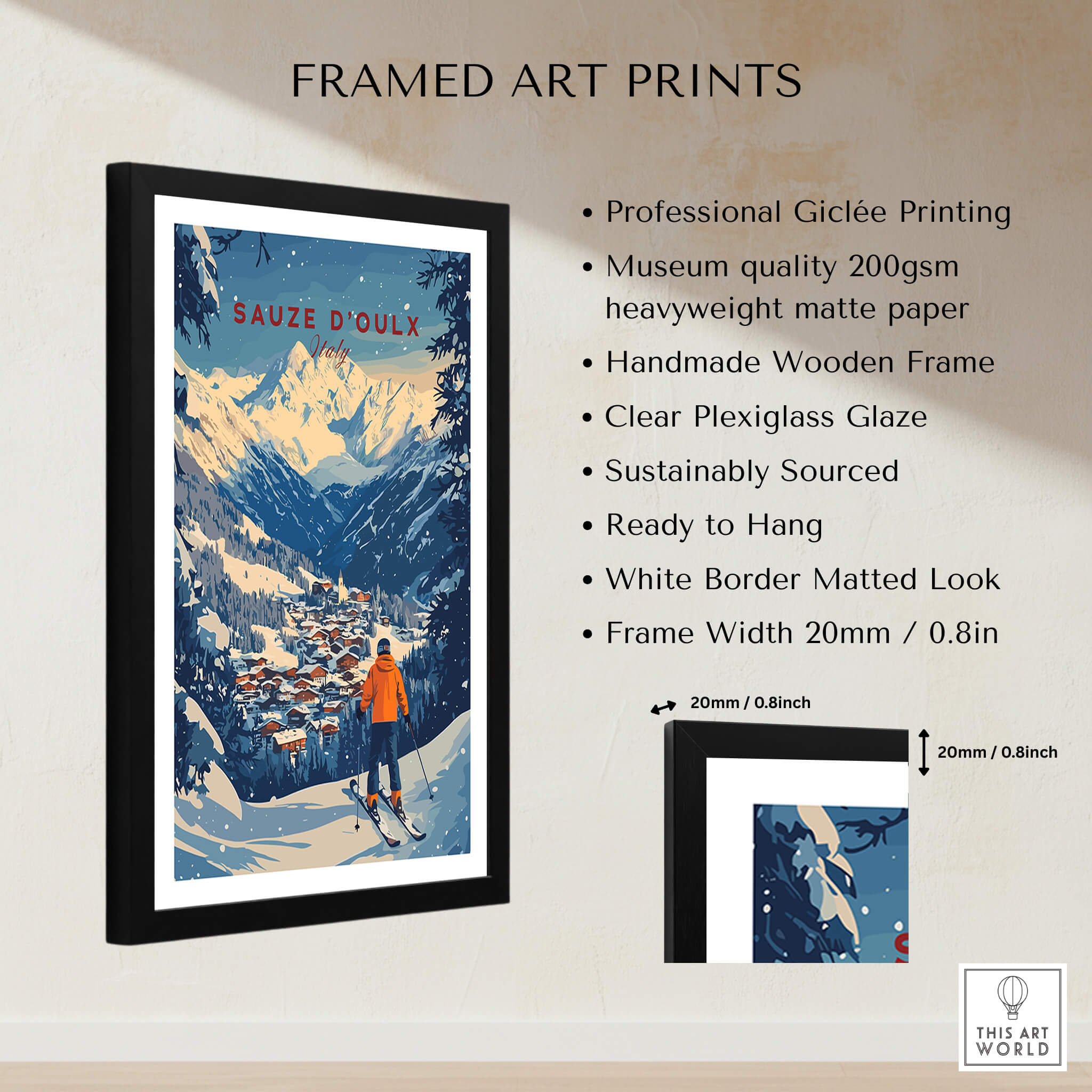 Sauze d'Oulx Ski Wall Art in a framed print showcasing skiing in the beautiful Alps.