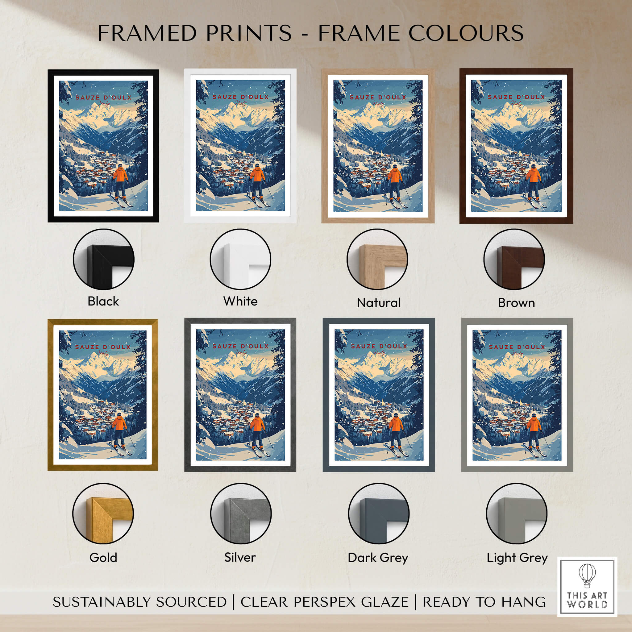 Framed Sauze d'Oulx Ski Wall Art prints in various frame colors including black, white, natural, brown, gold, and silver.