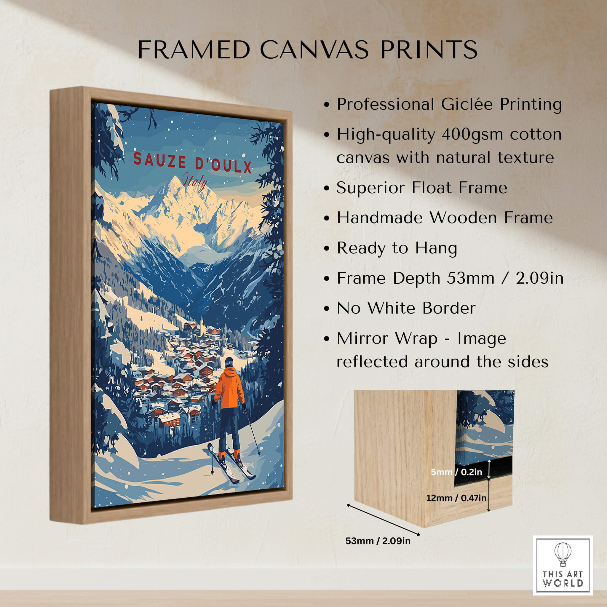 Sauze d'Oulx Ski Wall Art displayed in a handmade wooden frame with professional Giclée printing.