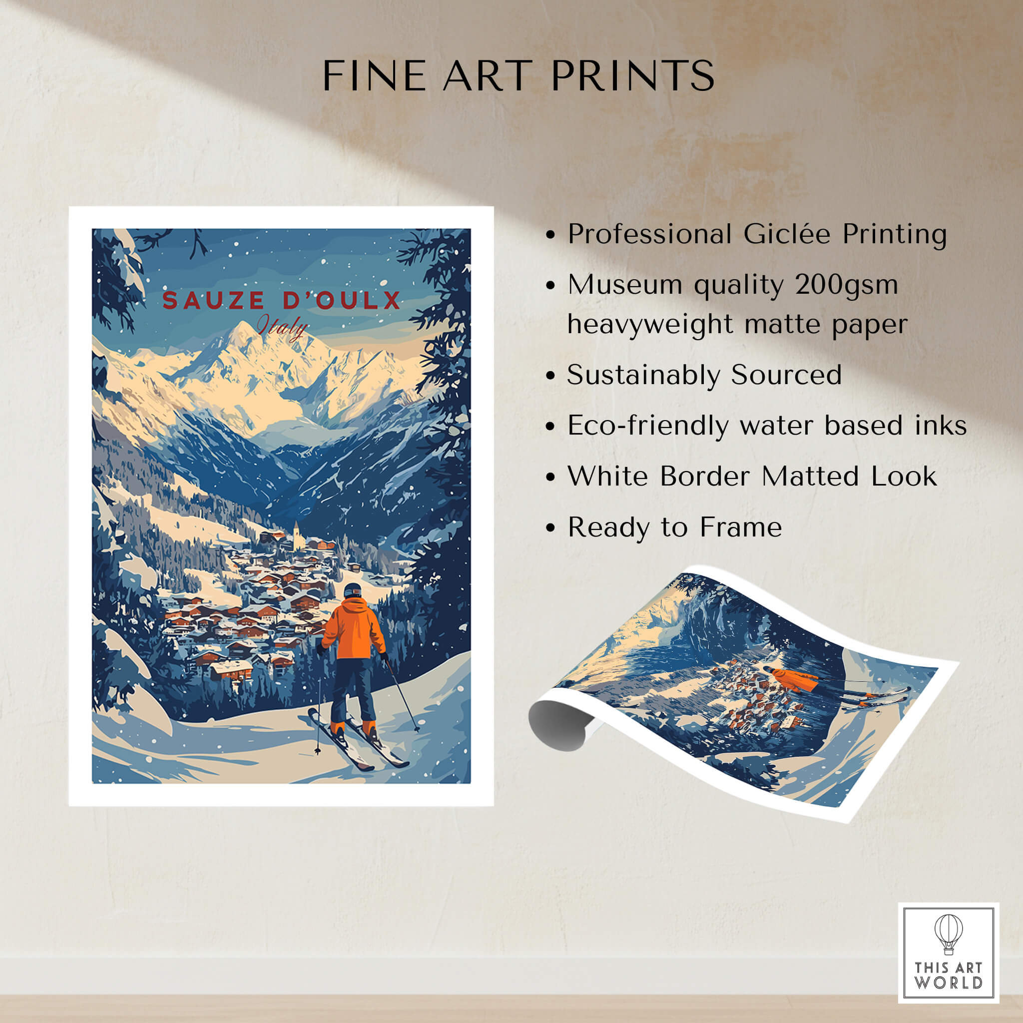 Sauze d'Oulx Ski Wall Art featuring professional Giclée printing and a stunning mountain landscape.