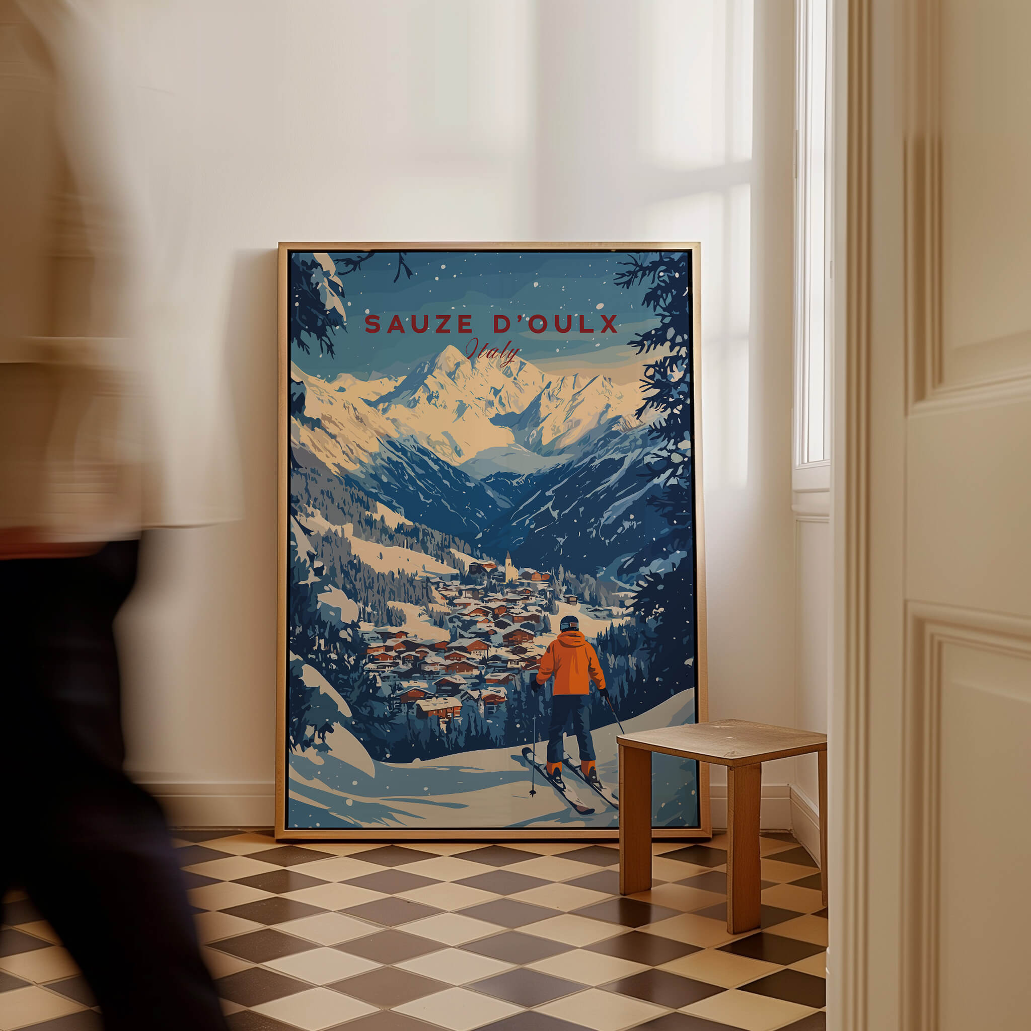 Sauze d'Oulx Ski Wall Art showcasing a skier overlooking the mountains and village, perfect for home decor.