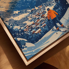 Sauze d'Oulx Ski Wall Art showcasing a skier overlooking a snowy mountain village.