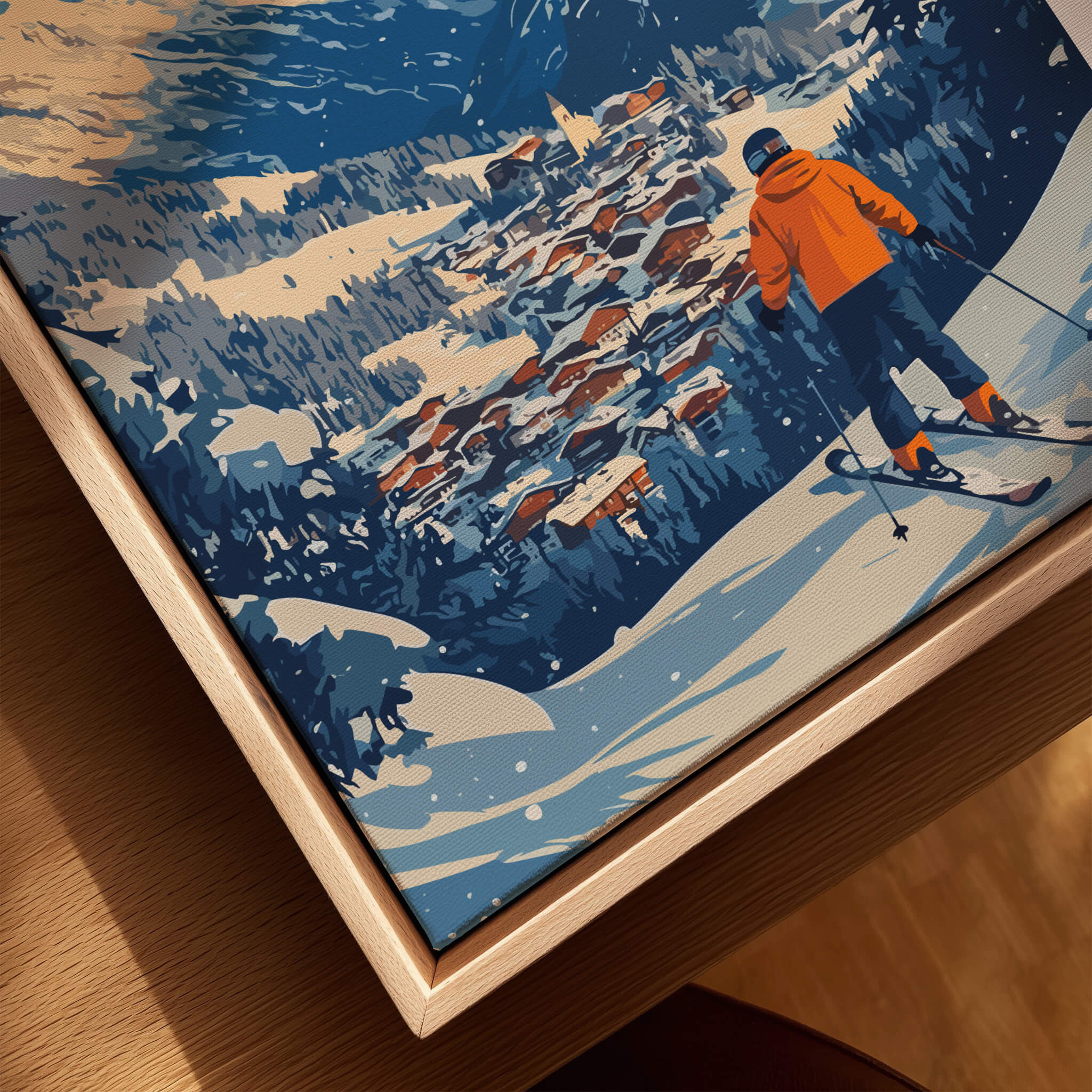 Sauze d'Oulx Ski Wall Art showcasing a skier overlooking a snowy mountain village.