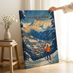 Sauze d'Oulx Ski Wall Art featuring a skier against a stunning winter landscape of Sauze d'Oulx.