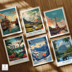 Sauze d'Oulx Ski Wall Art surrounded by travel-themed prints from Venice, The Highlands, Singapore, Paris, and Sri Lanka.