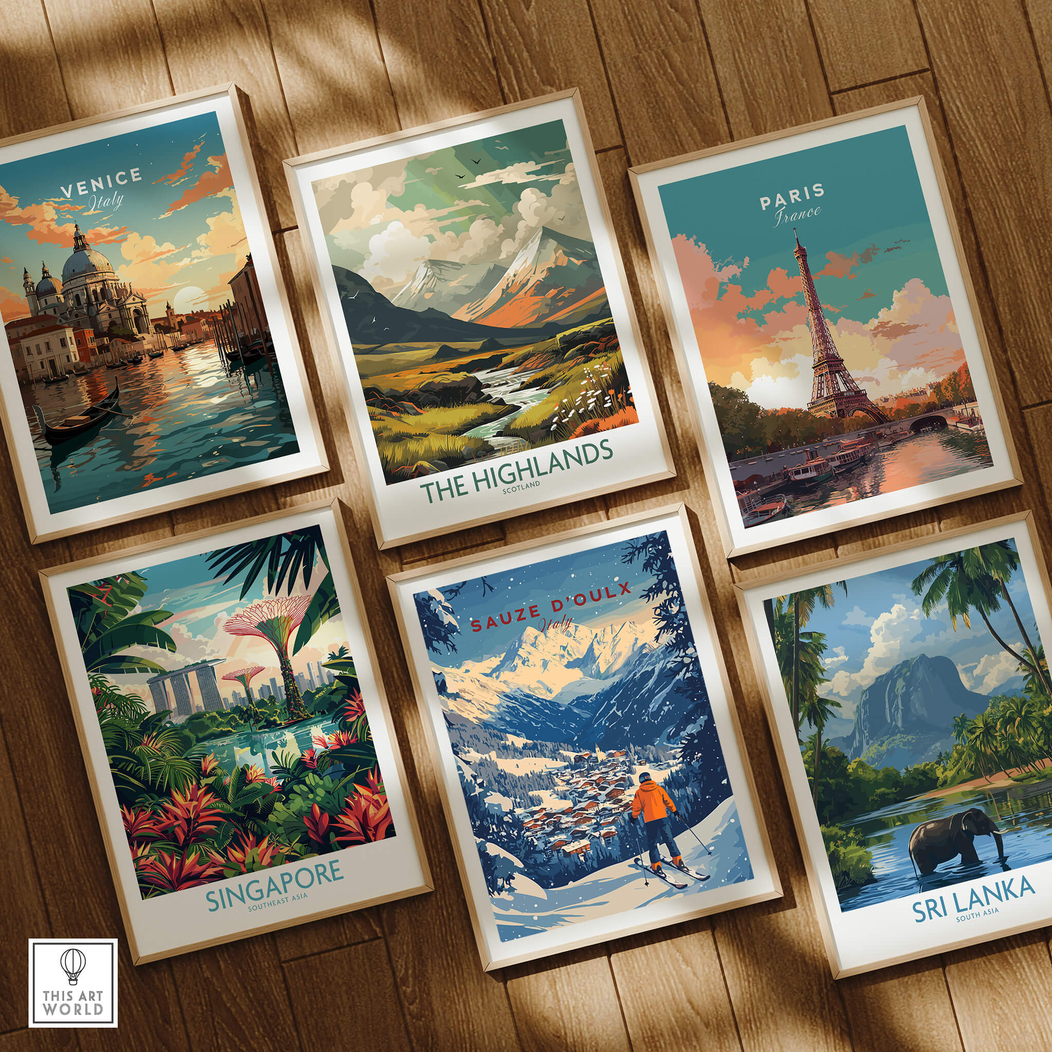 Sauze d'Oulx Ski Wall Art surrounded by travel-themed prints from Venice, The Highlands, Singapore, Paris, and Sri Lanka.