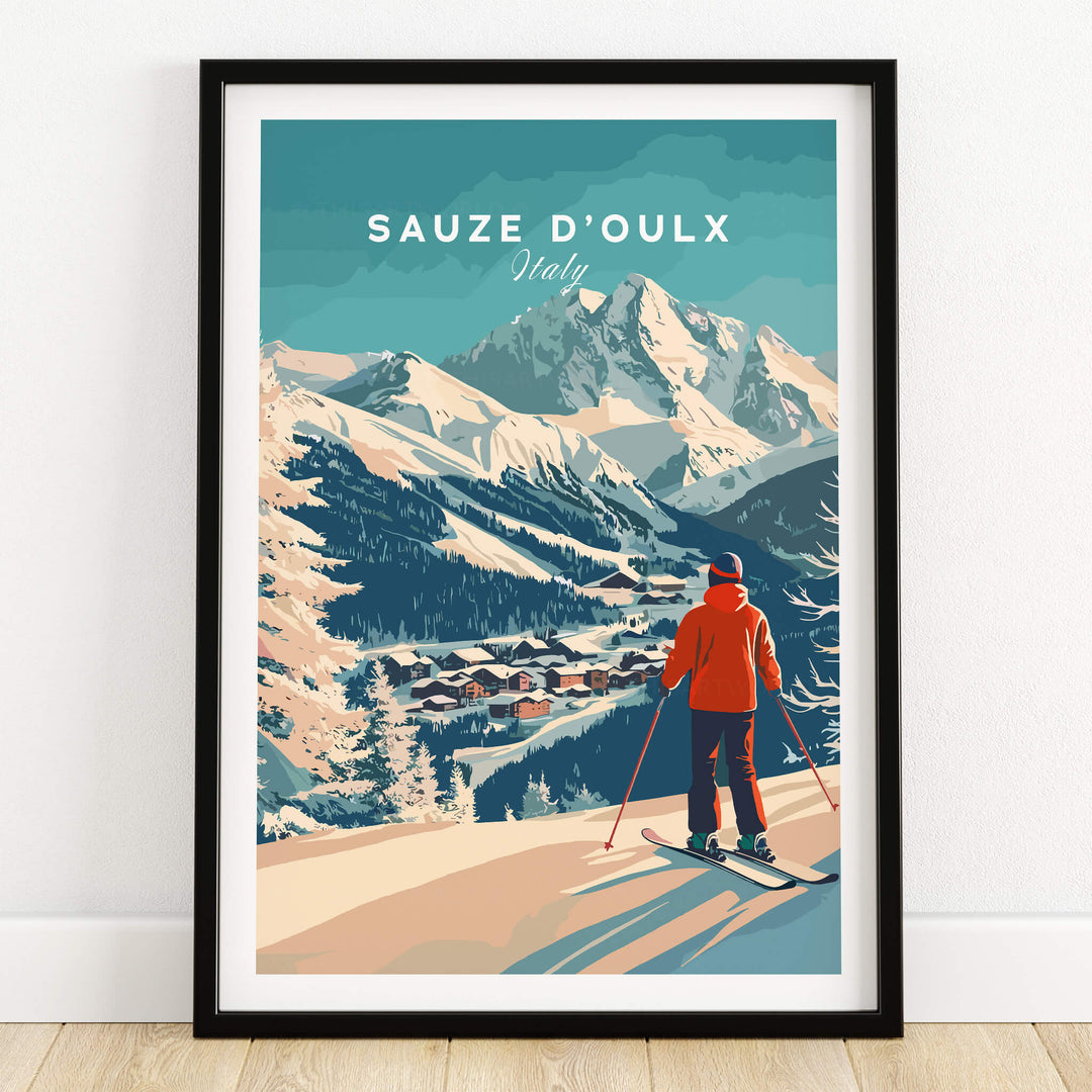 Sauze d'Oulx Print Italy showcasing a skier against a mountain backdrop, perfect for ski enthusiasts.