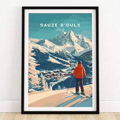 Sauze d'Oulx Print Italy showcasing a skier against a mountain backdrop, perfect for ski enthusiasts.