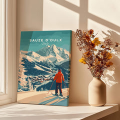 Sauze d'Oulx Print Italy showcasing a skier in a vibrant mountain scene, perfect for ski enthusiasts and home decor.