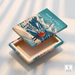 Sauze d'Oulx Print Italy design on wooden box showcasing vibrant ski scenery and mountains.
