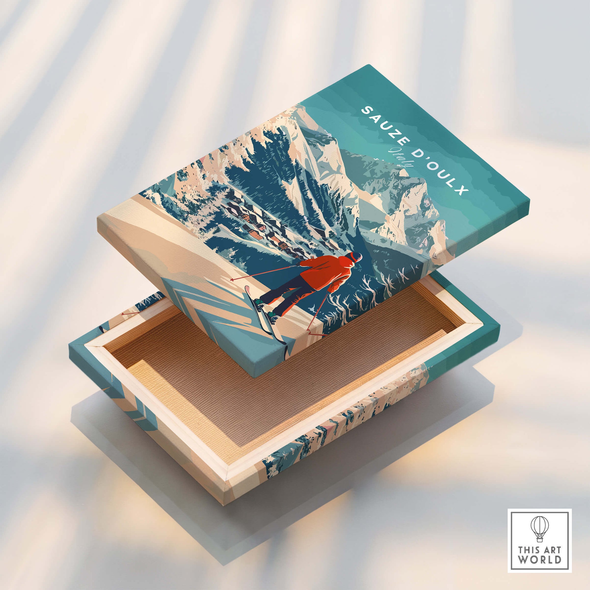 Sauze d'Oulx Print Italy design on wooden box showcasing vibrant ski scenery and mountains.