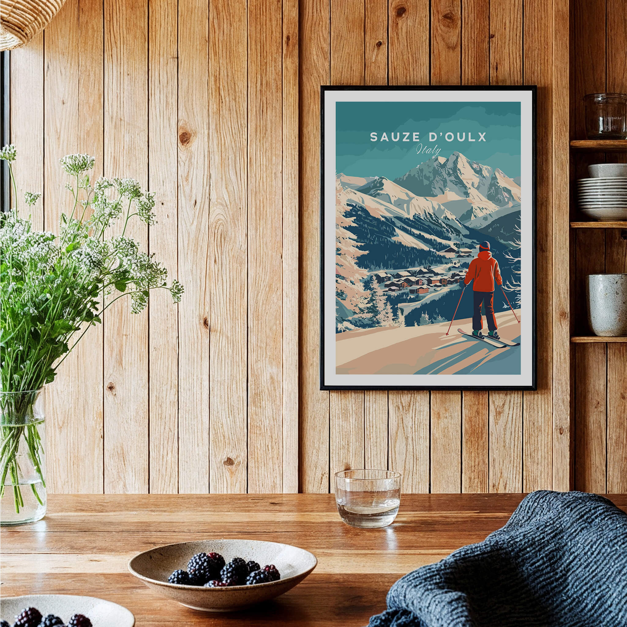 Sauze d'Oulx Print Italy framed ski poster in a rustic wooden interior.