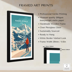 Framed art print featuring Sauze d'Oulx Print Italy with a skier in the mountains, perfect for ski enthusiasts.
