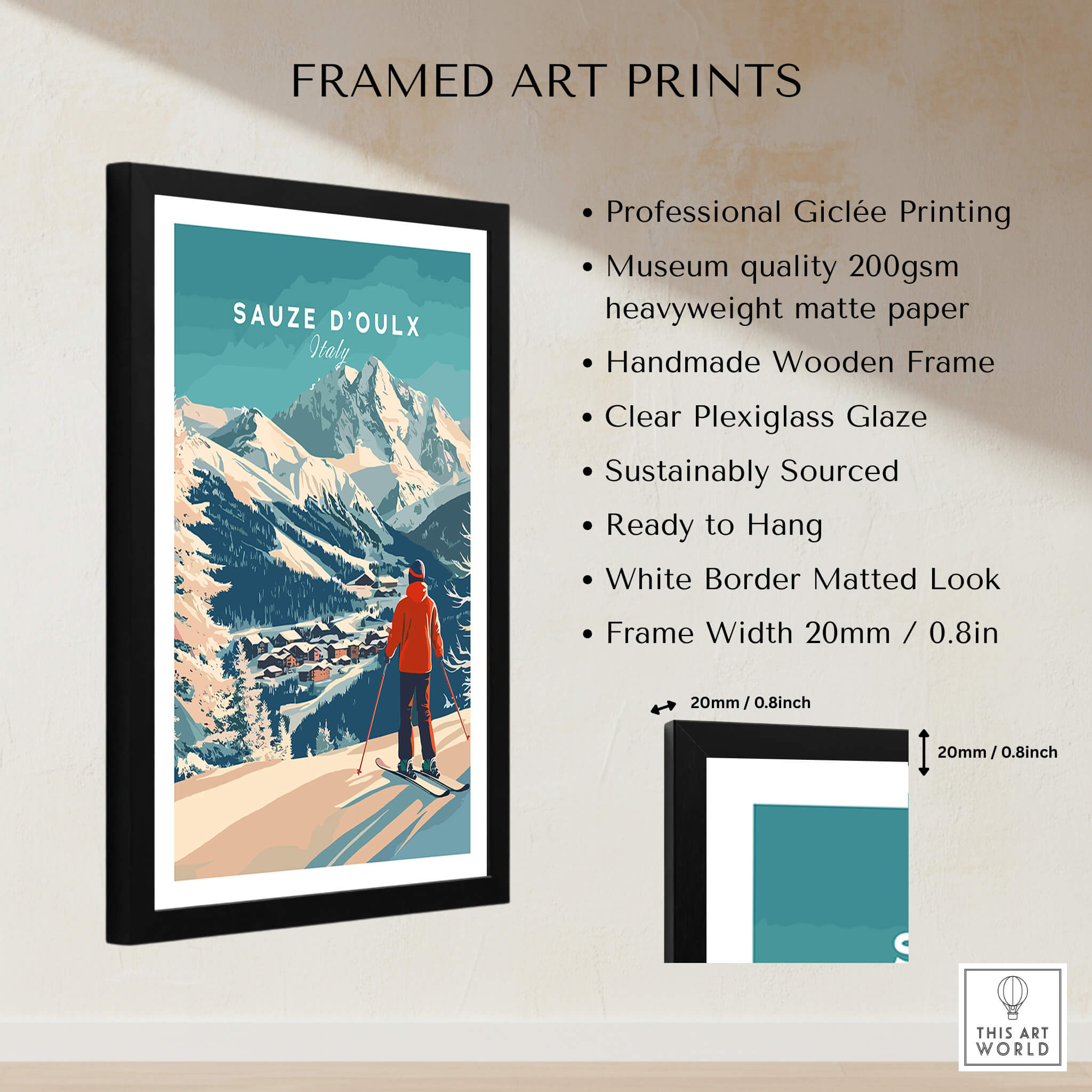 Framed art print featuring Sauze d'Oulx Print Italy with a skier in the mountains, perfect for ski enthusiasts.
