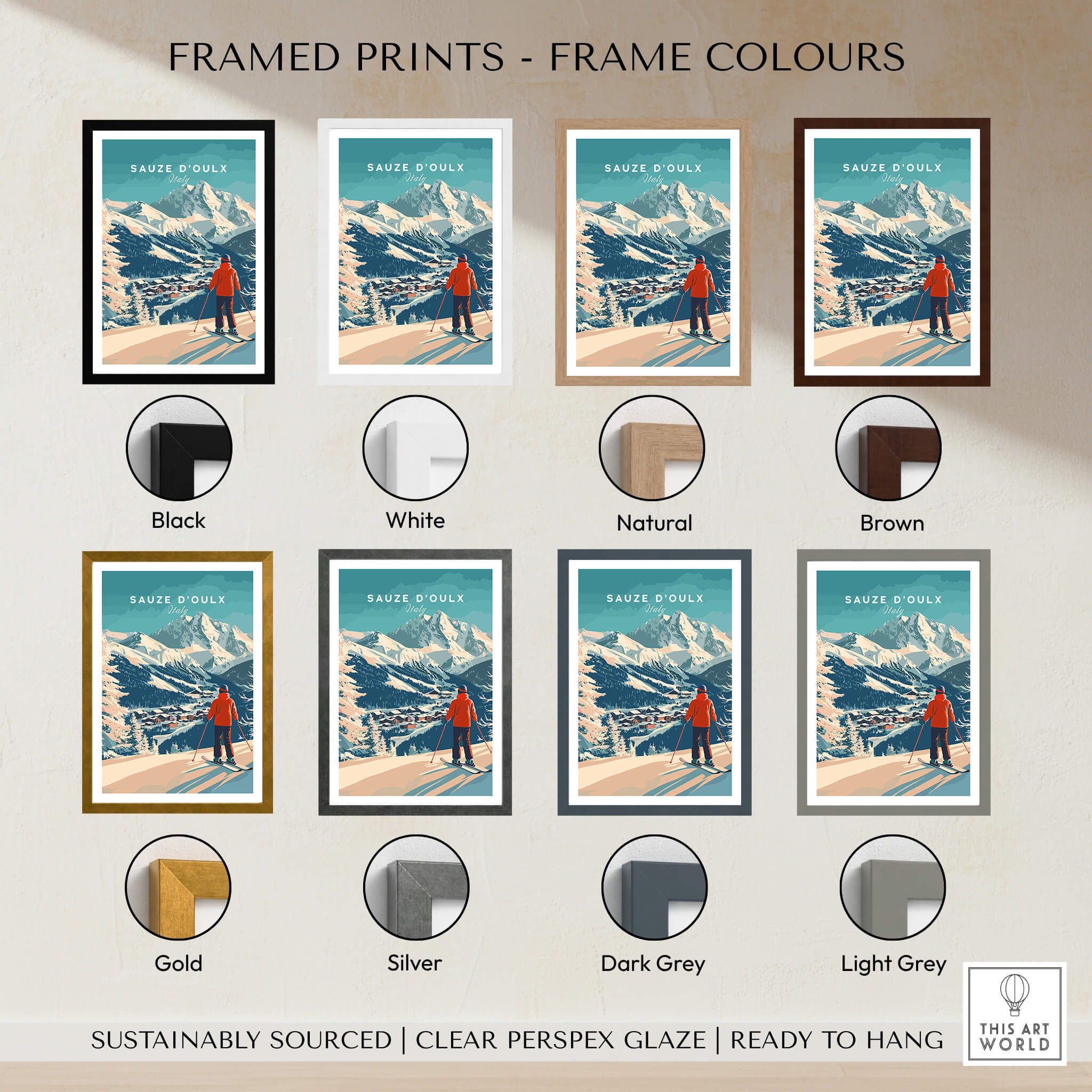 Framed prints of Sauze d'Oulx Print Italy in various frame colors including black, white, gold, and brown.