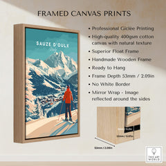 Framed canvas print of Sauze d'Oulx Print Italy featuring a skier in a mountain landscape, ready to hang.