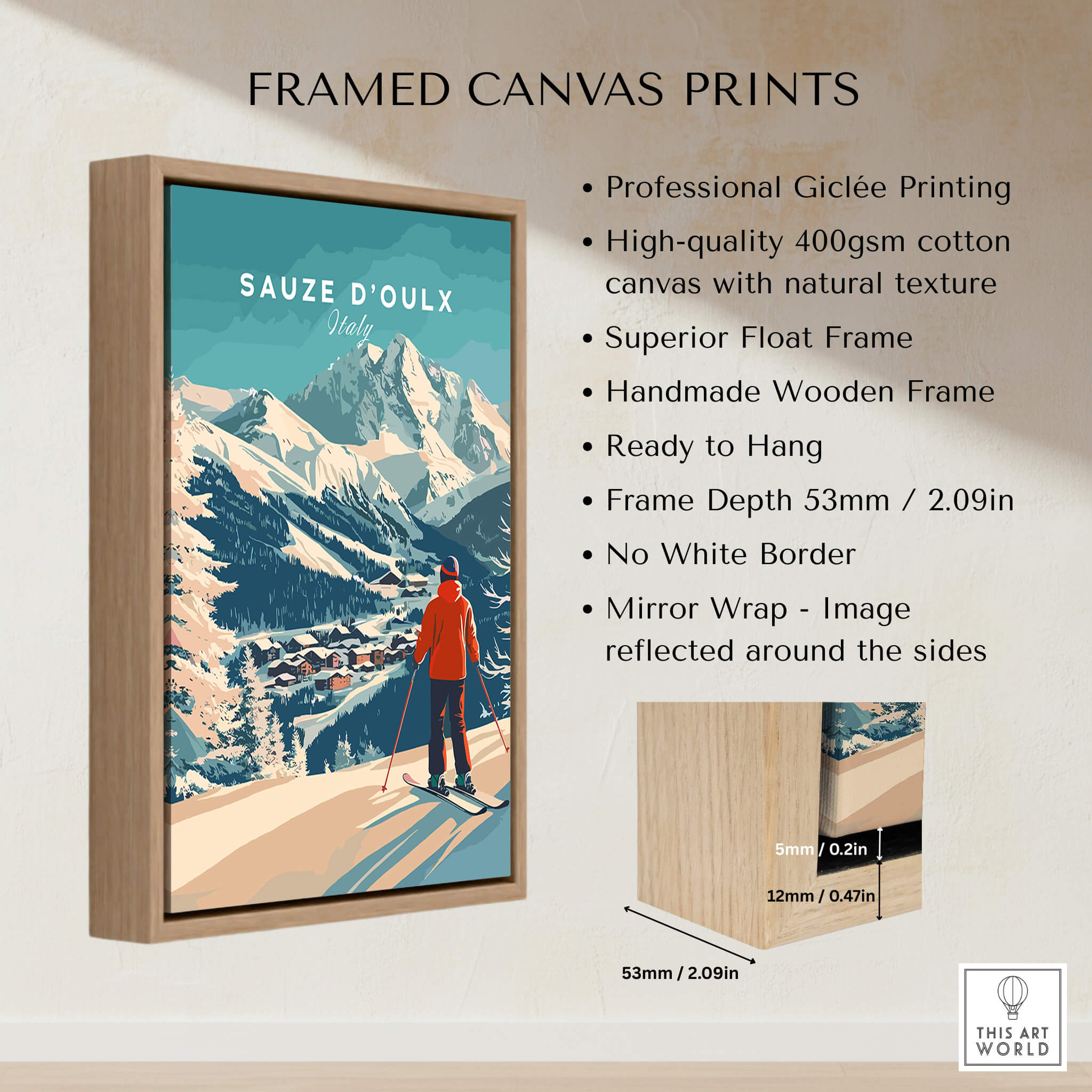 Framed canvas print of Sauze d'Oulx Print Italy featuring a skier in a mountain landscape, ready to hang.