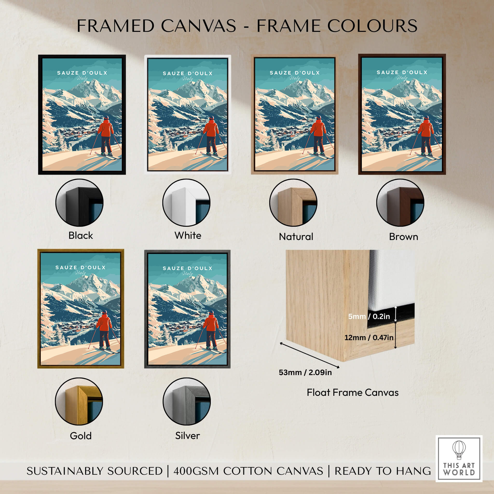 Framed canvas options for Sauze d'Oulx Print Italy featuring various frame colors.