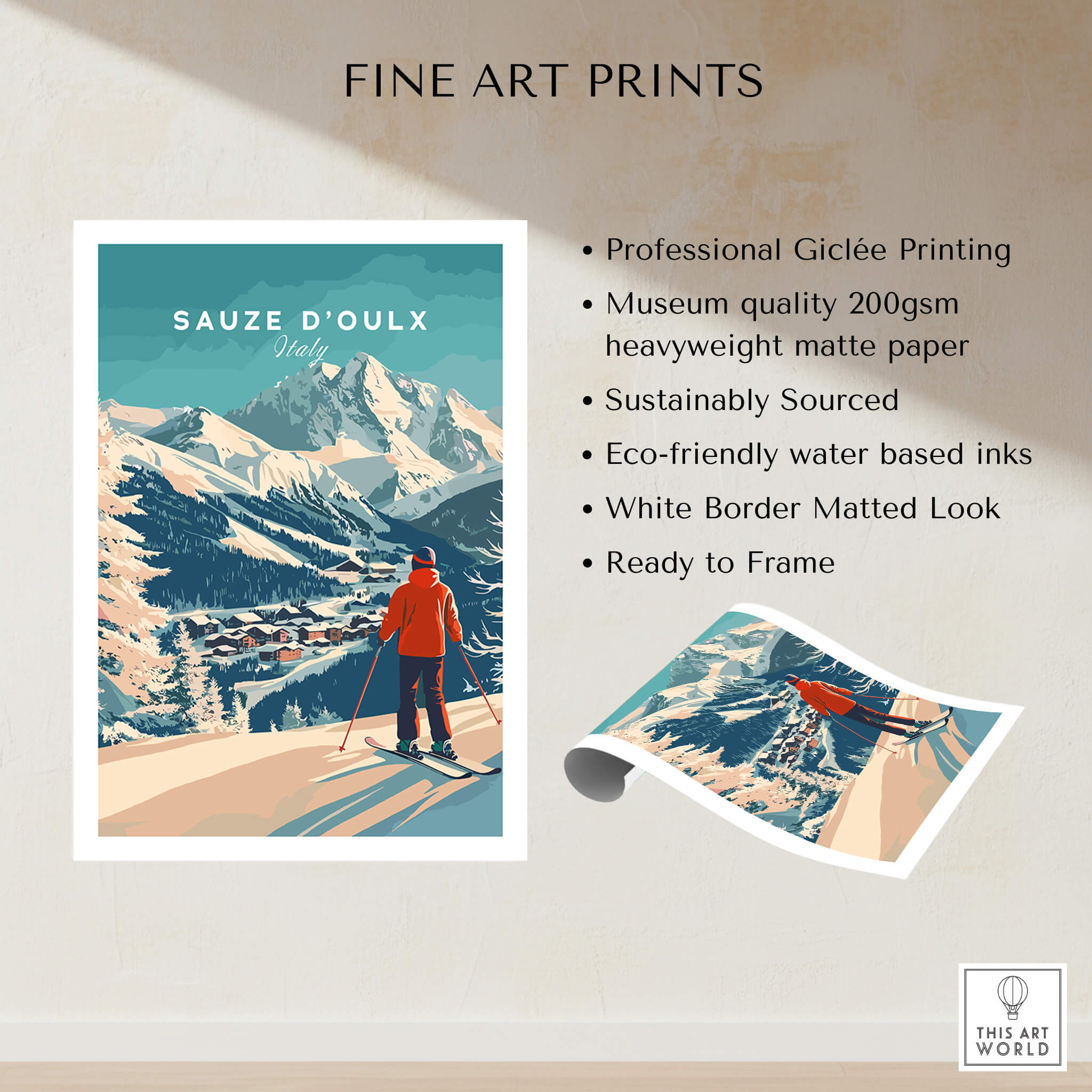 Sauze d'Oulx Print Italy showcasing a skier against a stunning mountain backdrop, ideal for ski enthusiasts.