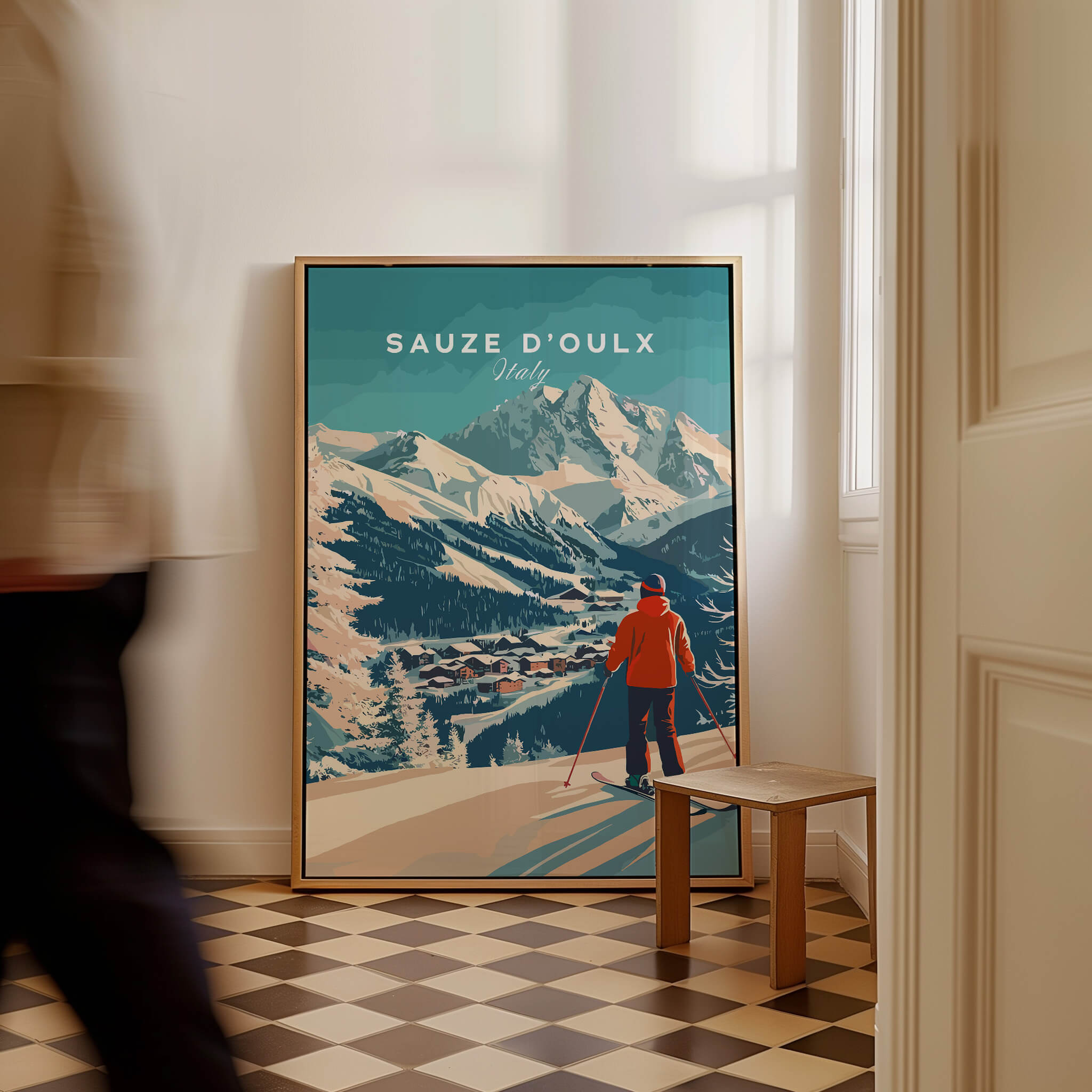 Sauze d'Oulx Print Italy showcasing a skier against a snowy mountain backdrop, perfect for ski enthusiasts.