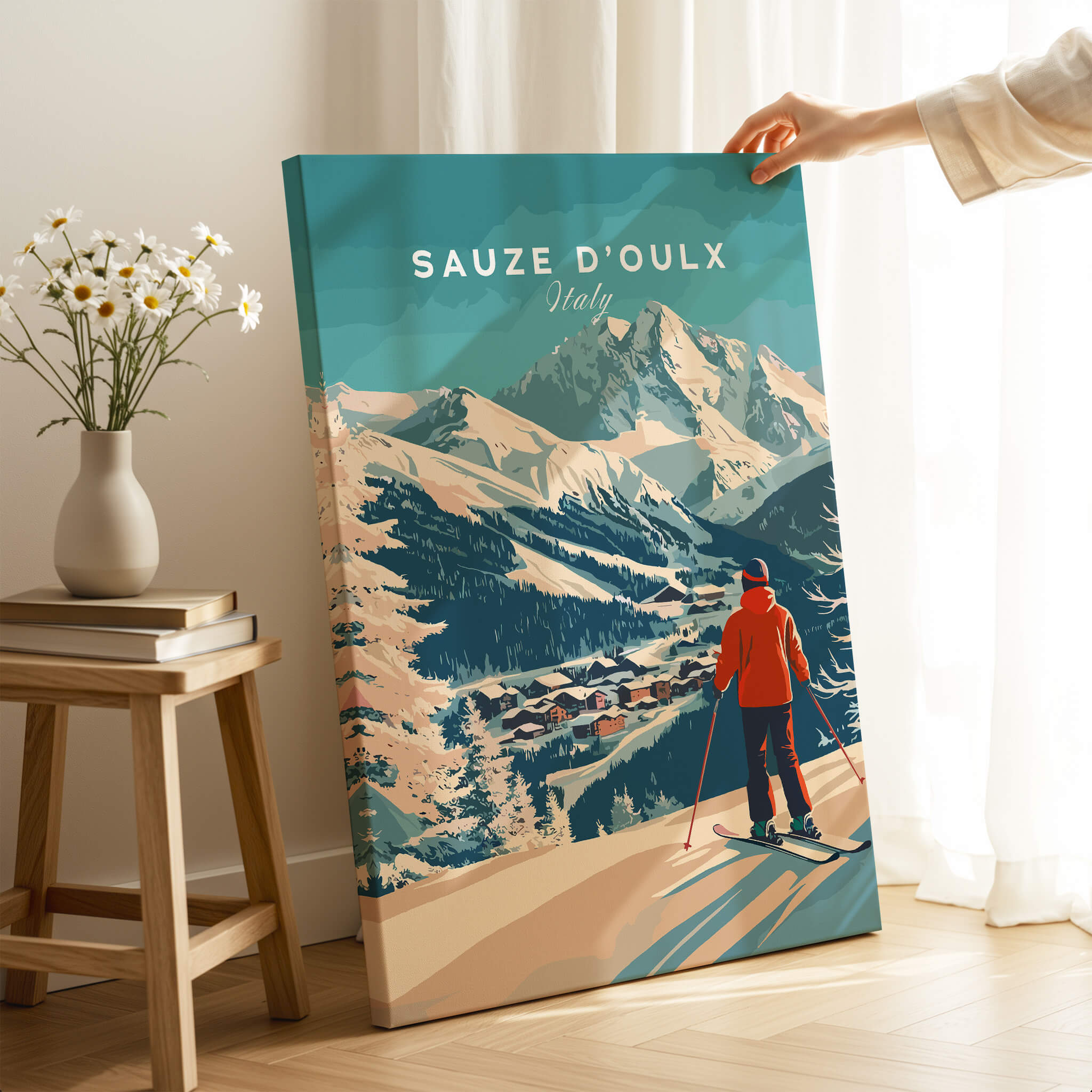 Sauze d'Oulx Print Italy showcasing a skier against scenic mountains and vibrant colors for ski enthusiasts.
