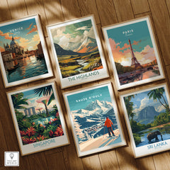 Collection of travel prints including Sauze d'Oulx Print Italy, capturing adventure and scenic beauty.