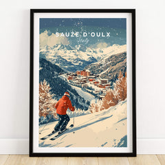 Ski Print Sauze d'Oulx Italy featuring a skier descending slopes with a mountain backdrop.