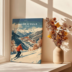 Ski Print Sauze d'Oulx Italy featuring a skier on snow-covered slopes with mountains in the background.