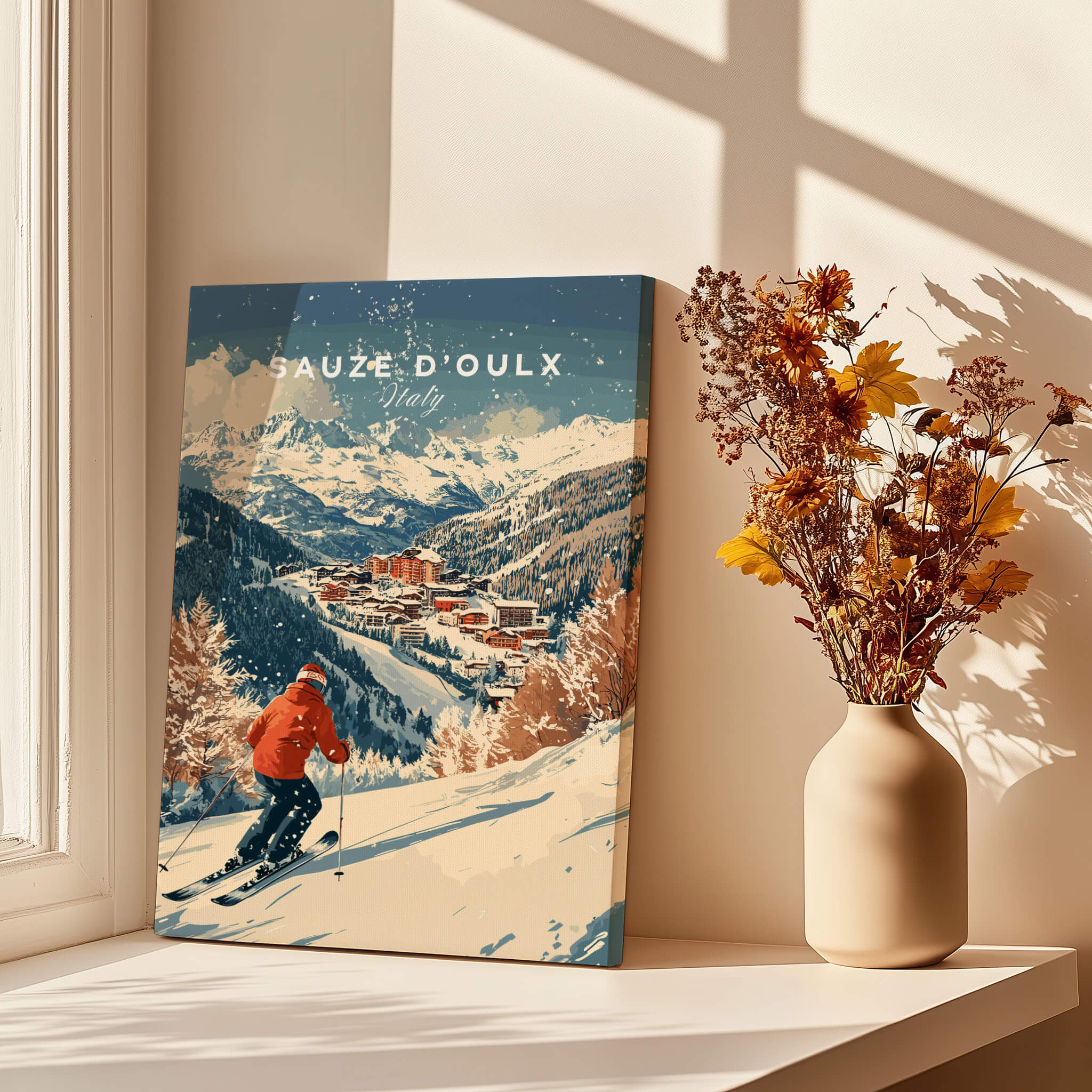 Ski Print Sauze d'Oulx Italy featuring a skier on snow-covered slopes with mountains in the background.