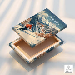 Ski Print Sauze d'Oulx Italy artwork featuring snowy mountains and a skier.