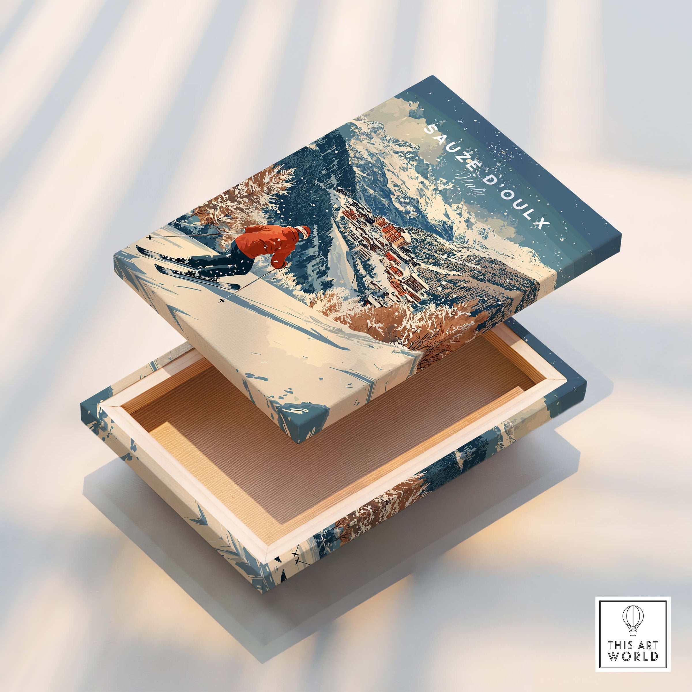 Ski Print Sauze d'Oulx Italy artwork featuring snowy mountains and a skier.
