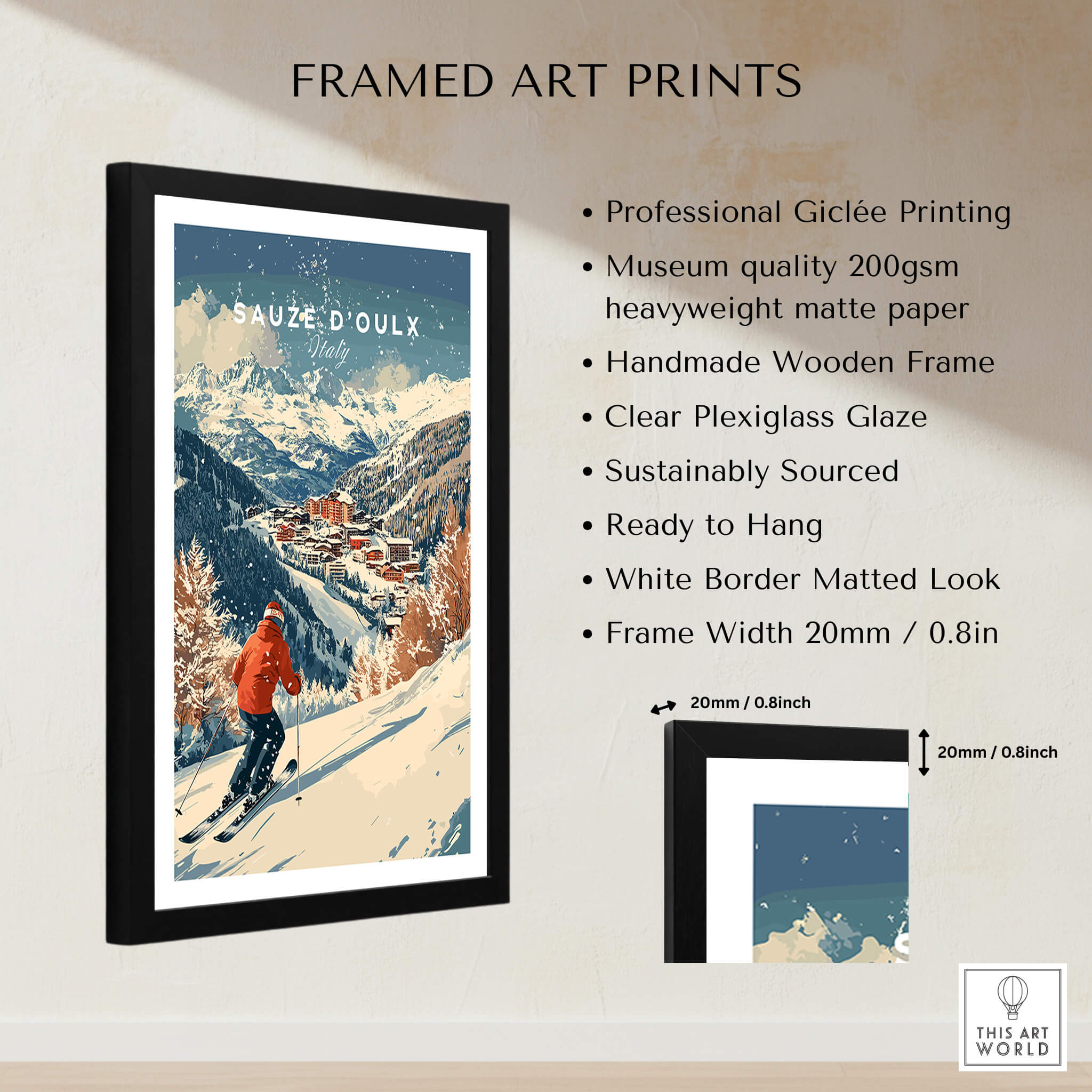 Ski Print Sauze d'Oulx Italy framed art print showcasing powder slopes and charming town.